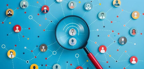 Magnifying collector with target and people icons on blue background. Horizontally panoramic view of magnifying glass, social network connection concept. 