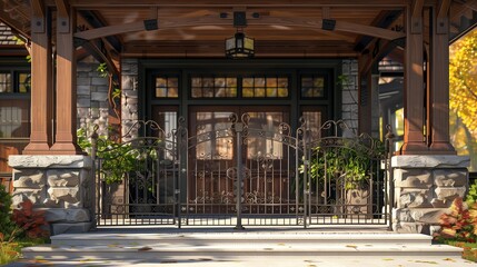 Fototapeta premium The entrance of a craftsman house with intricate wrought iron gate and grillwork under the shelter of a porch.