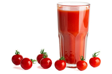 Cherry tomato branch and glass of juice