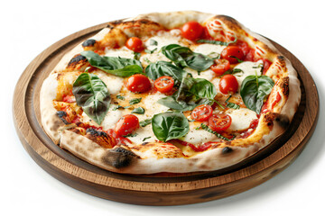 a pizza with tomatoes  basil and cheese on a wooden plate