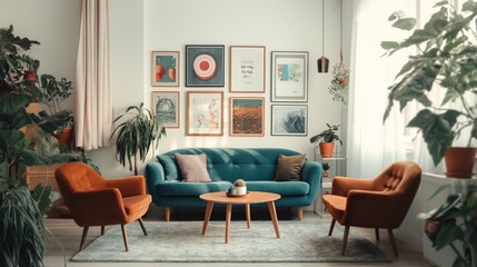 Scandinavian Chic: Modern Living Room with Teal Sofa, Terra Cotta Armchairs, and Art Adorned White Walls