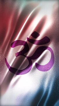 Purple OM symbol on glossy glitter white background, front view, vertical full frame, elegant silky texture, waving in the wind, movie-like look, realistic 4K CG animation, sleek, seamless loop-able.