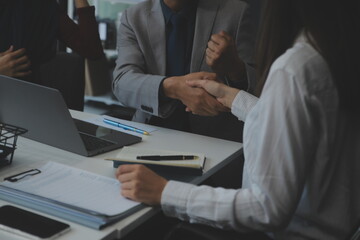 Business people shaking hands after meeting. colleagues handshaking after conference. Greeting deal, teamwork partnership cooperate concept.