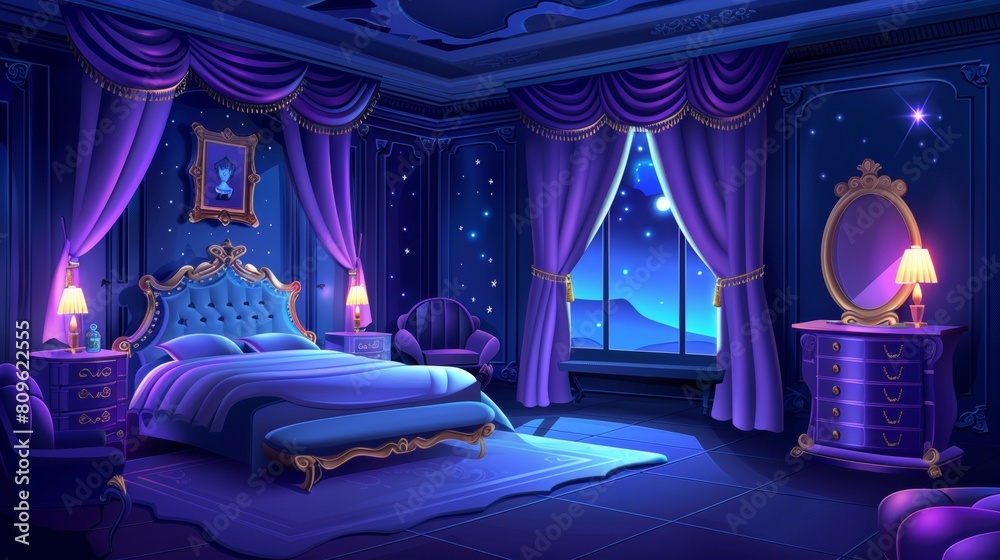 Wall mural cartoon dark room interior with bed and cabinet, lighting lamp on nightstand and dresser, mirror and