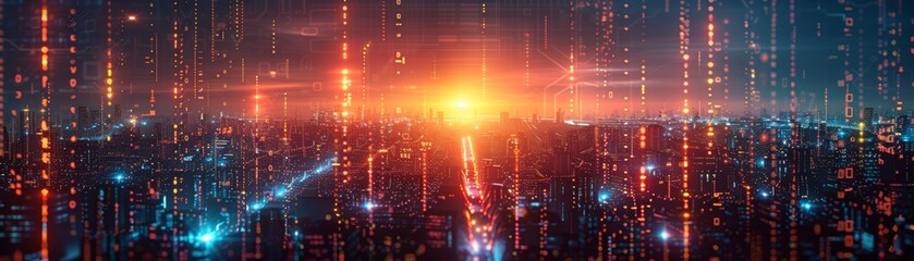 Obraz premium Binary code with bright light in the middle, flowing over futuristic city