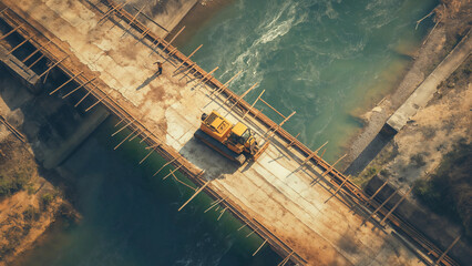 Bridge construction site, Aerial view of heavy machinery equipment over river, Industrial engineering and infrastructure progress in rural area
