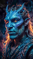 Dragon Man, a blue body with horns and scales like a dragon. ai generative