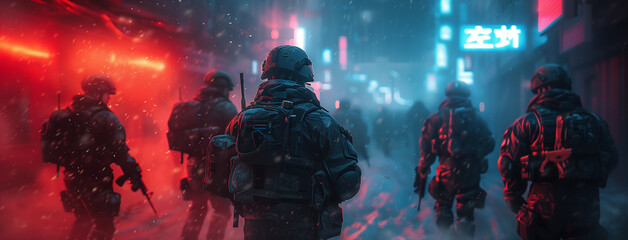 Squad of tactical units moving through a neon-lit urban environment. Futuristic military operation concept. Design for gaming poster, action movie visual, gennerlative ai