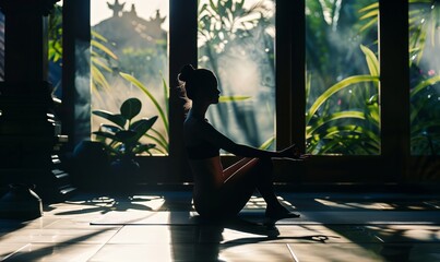 Donna che pratica yoga, balla. Calma, relax e consapevolezza.