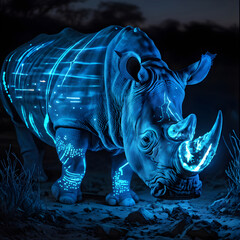  A rhinoceros with a blue light shining on it, standing in a river at night. ai generative