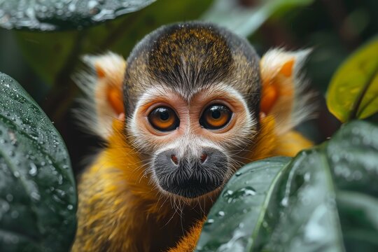 Close-up of a squirrel monkey with large eyes among green leaves in a natural setting