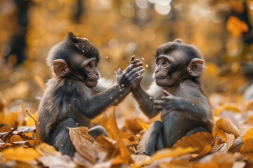 Two infant monkeys engage in a playful moment, surrounded by a beautiful golden autumn background