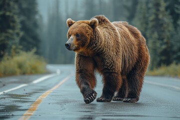 Obraz premium A vulnerable moment as a grizzly bear finds relief by scratching its back on a road sign, displaying natural behavior in a man-made environment
