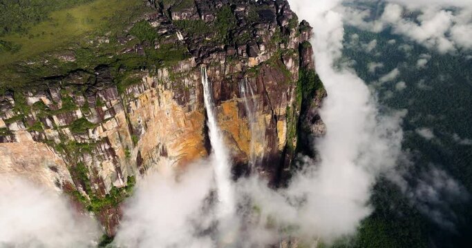 Angel Falls With Fog Flowng Down The Auyan-tepui Mountain In Canaima National Park, Venezuela. - aerial shot