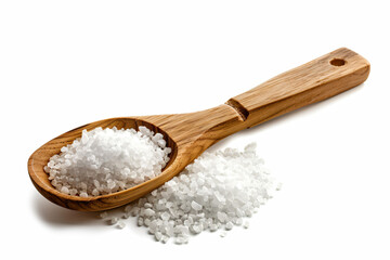 a wooden spoon filled with white salt next to a pile of white salt