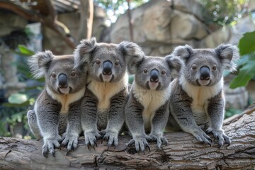 Obraz premium A stunning image of a grouping of koalas resting together on a branch, showcasing their calm demeanor