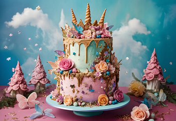 a cake with a unicorn and flowers on it