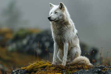 Obraz premium Amidst a moody backdrop, a white wolf exudes strength as it stands proudly on a moss-clad stone formation