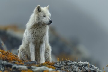 Obraz premium This evocative image captures a thoughtfully poised white wolf sitting amidst a rocky landscape under a moody grey sky