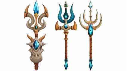 The magic trident of Poseidon or Neptune, created for UI design in games. A cartoon modern illustration set shows a fantasy pitchfork covered in gem stones.