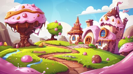 Candy land with dessert houses, chocolate trees, and pink jelly grass. Cartoon modern landscape of a sweet fantasy fairy world with ice cream, cake, and cookie homes.