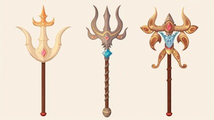 For game UI design, Poseidon or Neptune's magic trident. Fantasy wooden and metal pitchfork decorated with gem stones. Mythology nautical weapon.