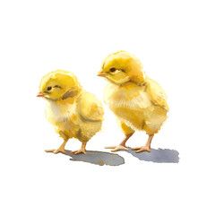 Watercolor illustration of yellow chicks lined up on white background