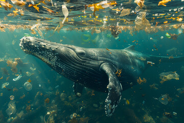 Humpback whale swimming in polluted ocean water with plastic debris. Environmental impact and marine pollution concept. Design for awareness campaign, poster ,gennerlative ai