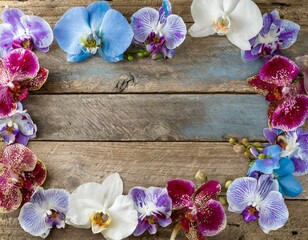 Verschiedene Orchideen in blau weiß und Rot auf Holzhintergrund rahmen 