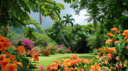 Vibrant blooms and tropical trees in the park