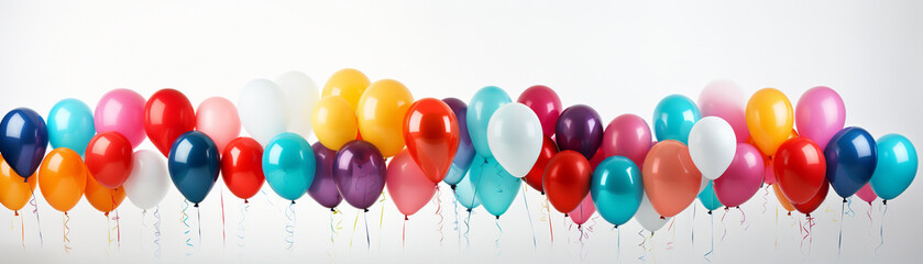 Colorful balloons cluster tightly, vibrant hues against a pure white backdrop, celebrating joy and festivity