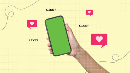 green screen phone with like bubble symbols on grid backgrounds. trendy collage art illustration. modern art design.