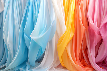 Festive streamers in multiple colors cascading softly against a white canvas, lively and inviting