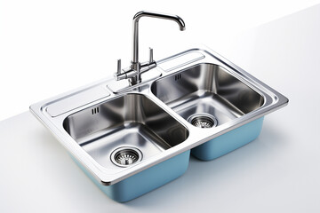 Double basin sink on white background, emphasizing durability and modern style, perfect for upscale kitchens