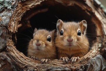 These adorable chipmunks peek out from the safe confines of a log, showing their curious and alert nature in their natural habitat
