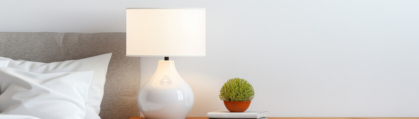 Modern nightstand with sleek bedside lamp, white background to emphasize simplicity and functionality