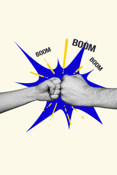 Vertical photo collage of people two hands fist kick together bump boom collaboration worker partnership isolated on painted background