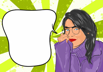 Woman talking thinking made in cartoon style with speech cloud