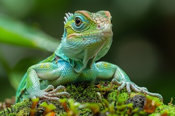 Obraz premium Masterfully captured, this image of a green iguana blends seamlessly into a mossy backdrop, highlighting the creature's adaptability