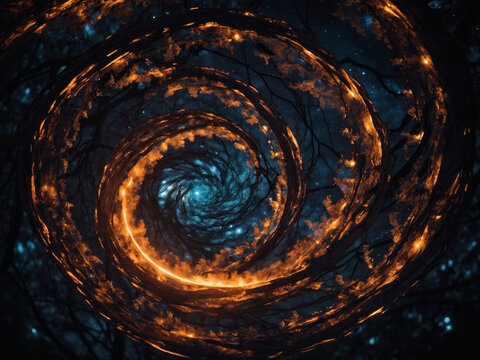 Interstellar Portal, Fiery Glow Illuminating Dark Tree Contours in the Universe