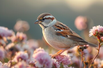 A delicate sparrow sits among pink flowers, bathed in the golden glow of the setting sun, evoking feelings of warmth