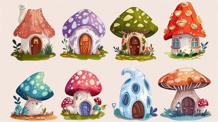 A cute fairy mushroom gnome house fantasy modern illustration. A fairytale magic dwarf house in a poisonous mushroom. An elf home with summer land.