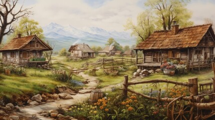 Fototapeta premium A painting of a rural area with a path leading to a house