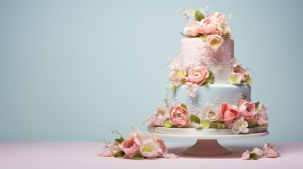 Multi-Tiered Wedding Cake Adorned With Pink And White Floral Decorations. Generative AI