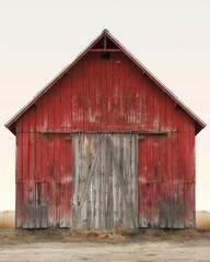 Fototapeta na wymiar A weathered red barn stands in a rural field, showcasing its rustic charm with wooden planks and large barn doors with a copy space above.