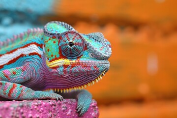 Obraz premium This close-up showcases the chameleon's vibrant skin and focused eyes as it rests on a branch, pondering its next move