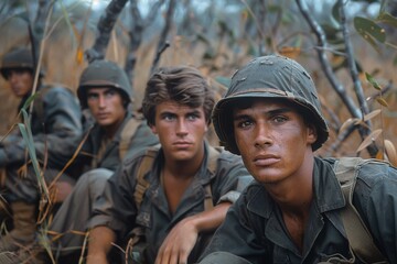 Fototapeta premium Group of soldiers in camouflage with helmets and focused expressions in a natural environment