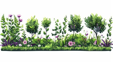 The grasses, bushes, and flowers border in a cartoon modern illustration set. Green vegetation for springtime or Easter designs. Meadow and lawn plants.