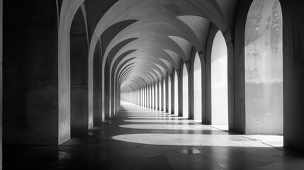 Symmetrical dark corridor with arches