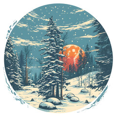 Seasonal Landscape T-shirt Design with Circular Background.
